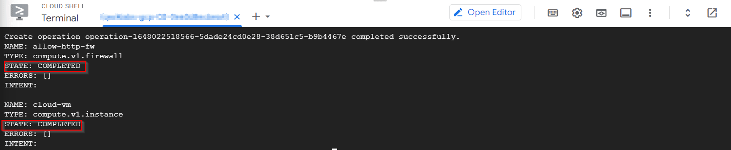 Instance and firewall successfully deployed