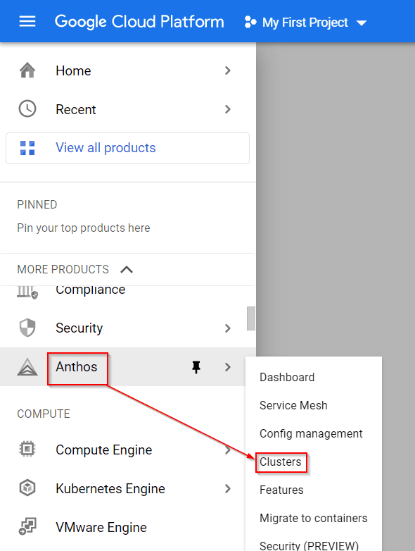 Navigate to anthos clusters
