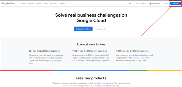 Step 2: Click on Get Started For Free in Google Cloud