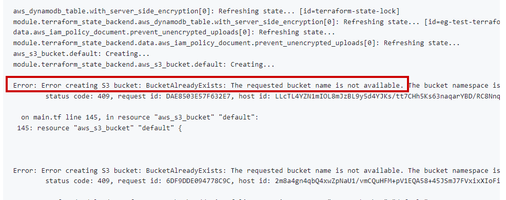 Error: Error creating S3 bucket: BucketAlreadyExists